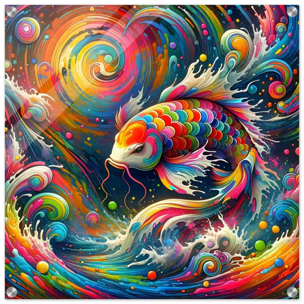 Colorful koi fish art displayed on Acrylic Print Rainbow Koi by PixiOnyx Crystal