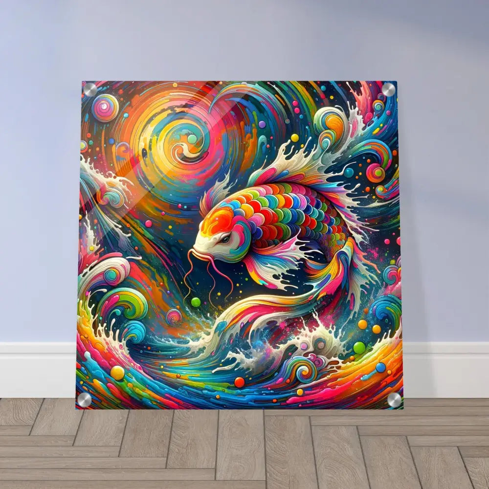 Colorful koi fish art acrylic print titled Rainbow Koi by PixiOnyx Crystal Swirl of Psychedelic Nature