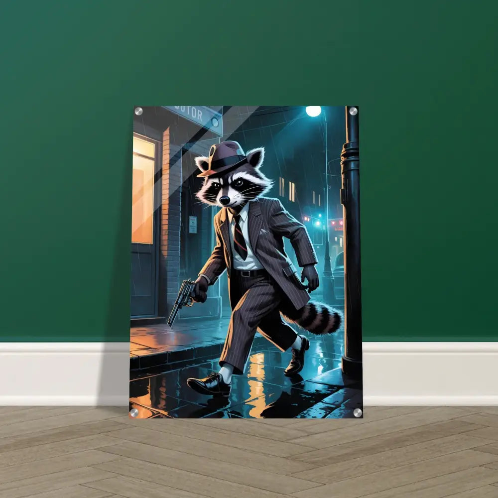 Raccoon gangster art print displayed in Acrylic Print Rogue Raccoon Noir Alley Swagger PixiOnyx Urban Luxe