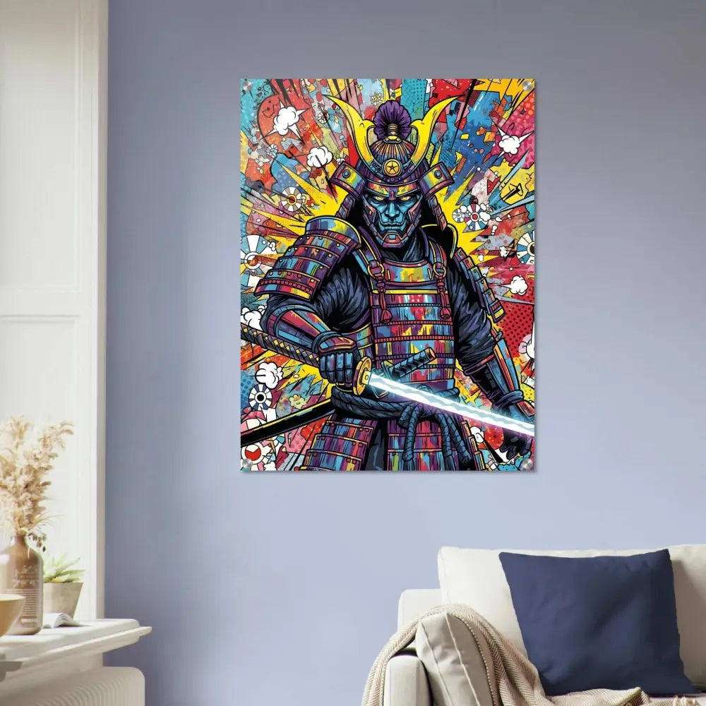 Vibrantly colored Samurai Splash artwork with pure weaponized color on PixiOnyx HyperGloss Acrylic Print