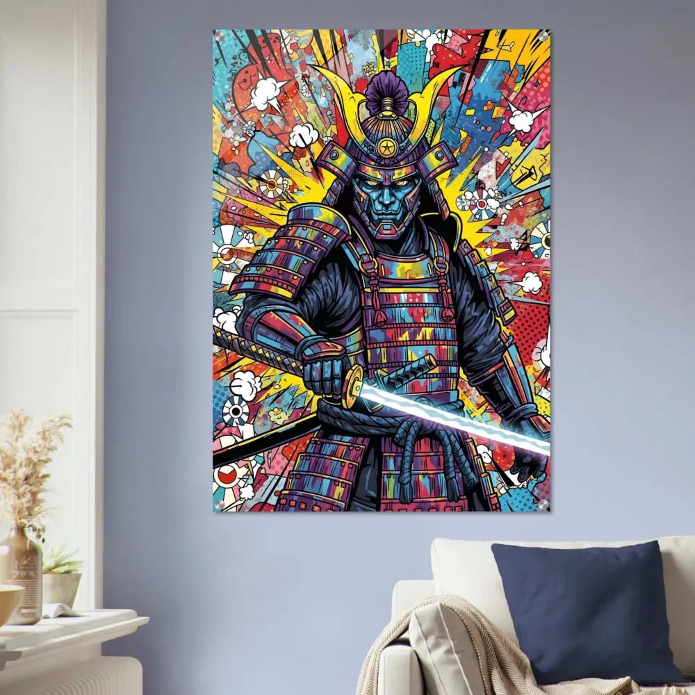 Colorful pop-art style samurai splash with glowing katana acrylic print from PixiOnyx HyperGloss Series