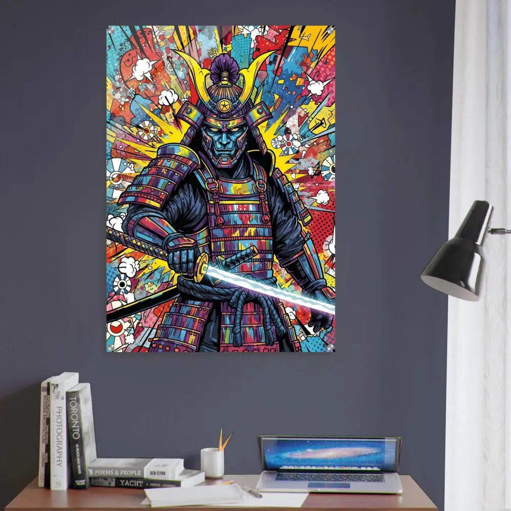 Vibrant pop-art style Samurai Splash acrylic print with colorful armor and glowing katana