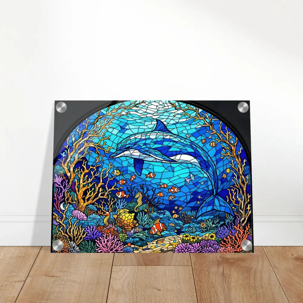 Dolphin stained glass art displayed on Acrylic Print Sea Cathedral PixiOnyx Oceanlight Relic