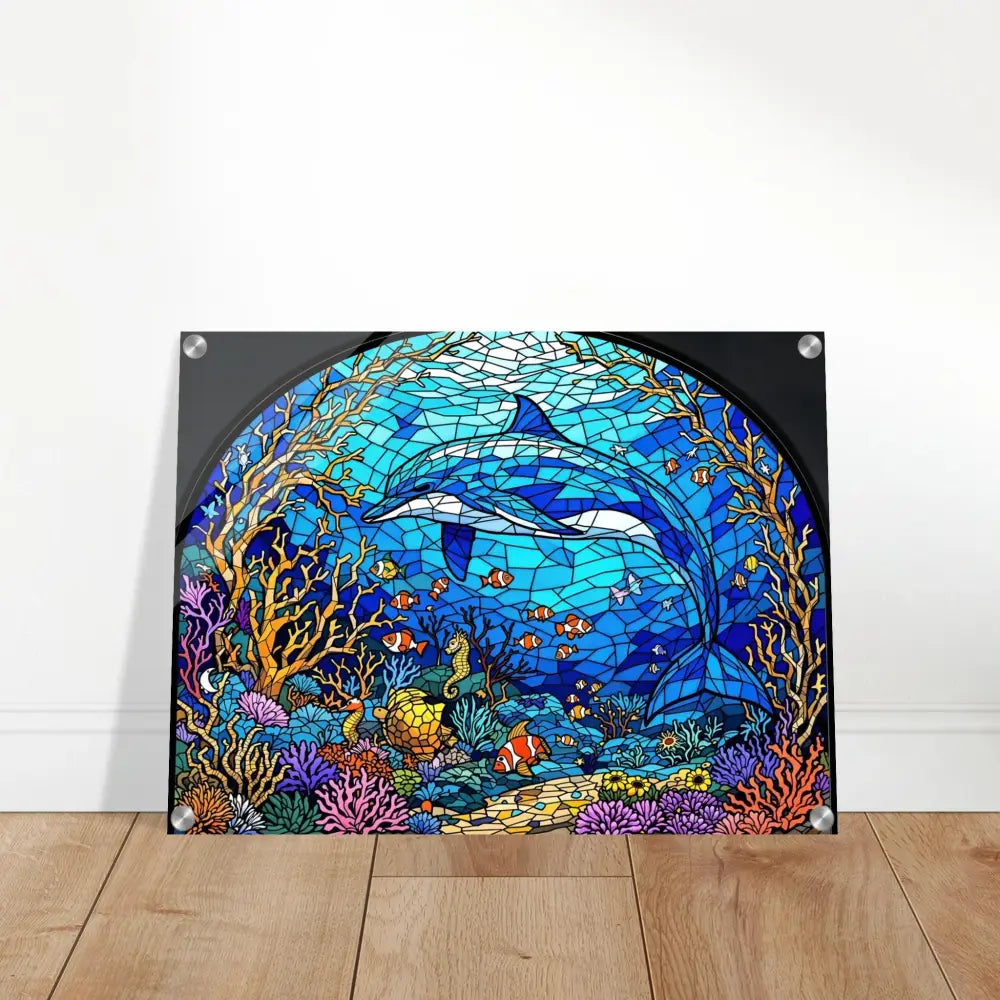 Stained-glass dolphin artwork on Acrylic Print Sea Cathedral PixiOnyx Oceanlight Relic