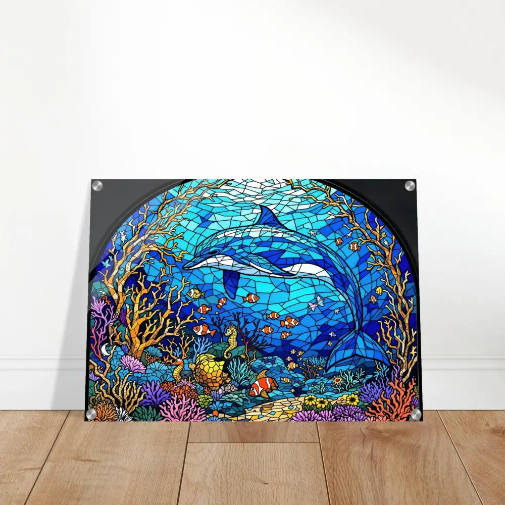 Stained glass dolphin artwork on Acrylic Print Sea Cathedral PixiOnyx Oceanlight Relic
