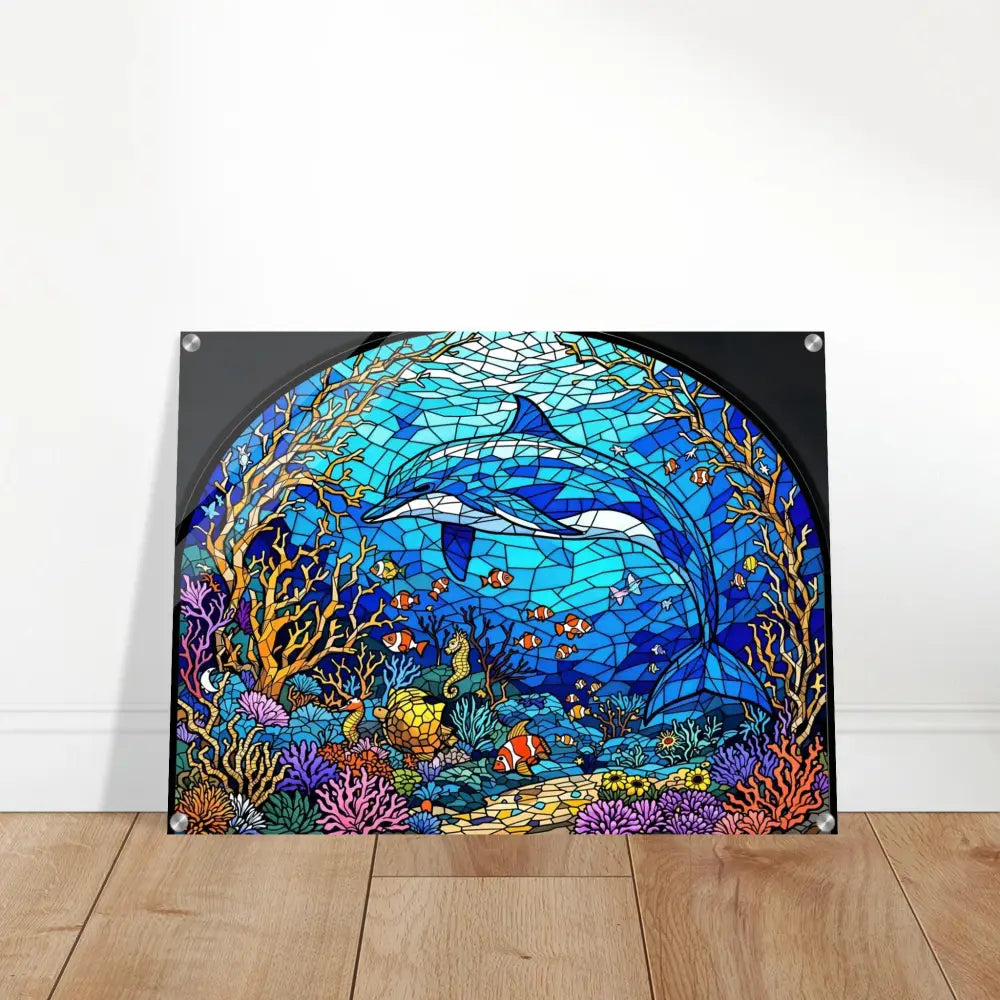 Stained glass dolphin artwork on acrylic print titled Sea Cathedral PixiOnyx Oceanlight Relic