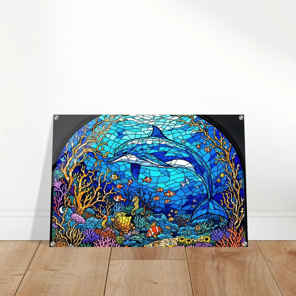 Stained-glass dolphin artwork on Acrylic Print Sea Cathedral PixiOnyx Oceanlight Relic
