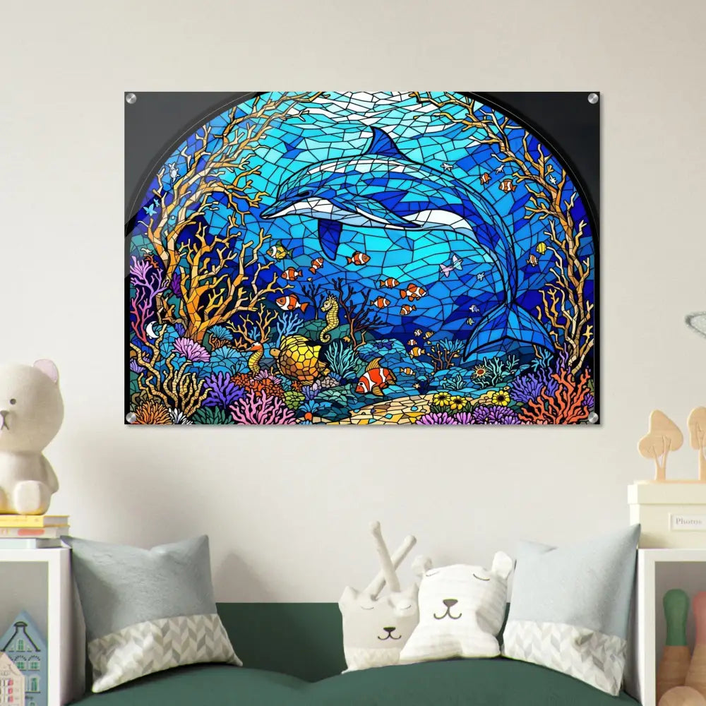 Dolphin stained glass artwork displayed on Acrylic Print Sea Cathedral PixiOnyx Oceanlight Relic