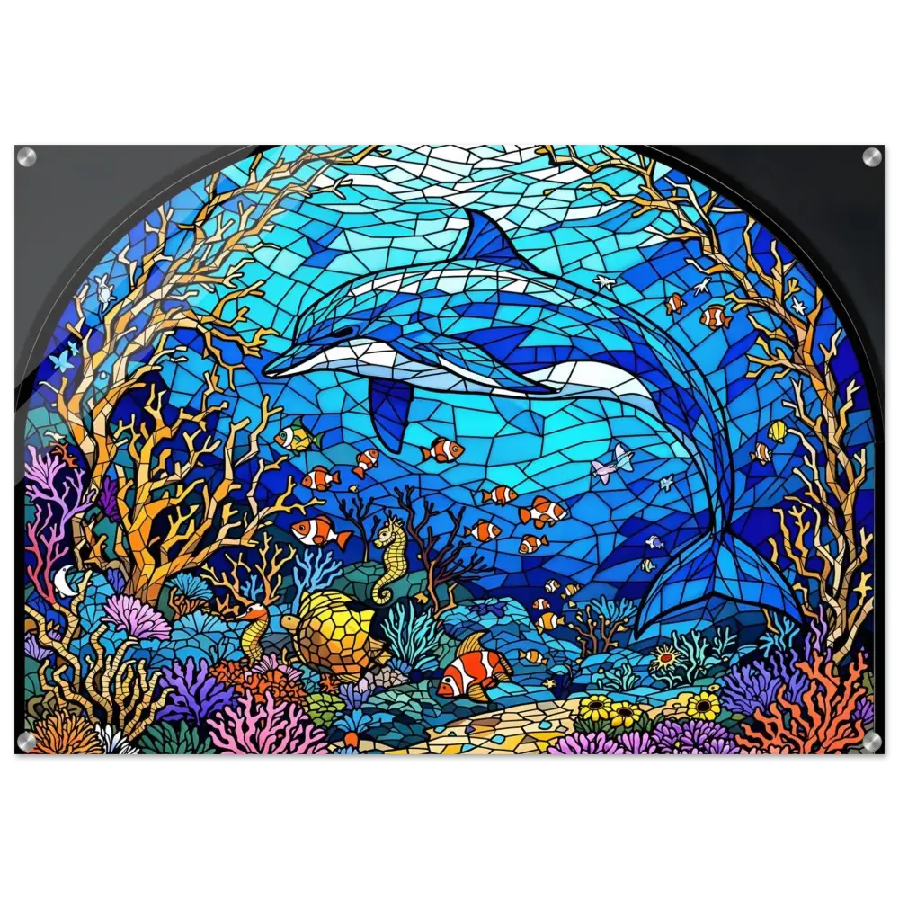 Stained glass dolphin scene on Acrylic Print Sea Cathedral PixiOnyx Oceanlight Relic