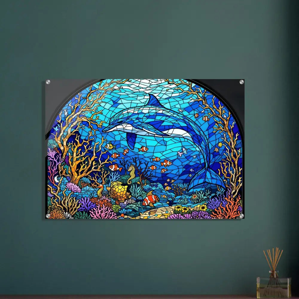 Stained glass dolphin artwork on Acrylic Print Sea Cathedral PixiOnyx Oceanlight Relic