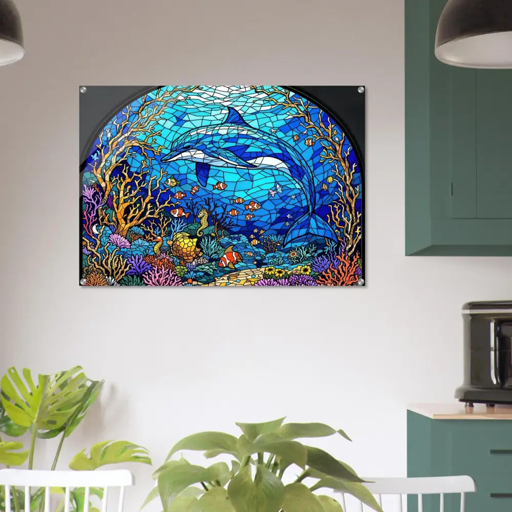 Dolphin stained glass artwork displayed as Acrylic Print Sea Cathedral PixiOnyx Oceanlight Relic