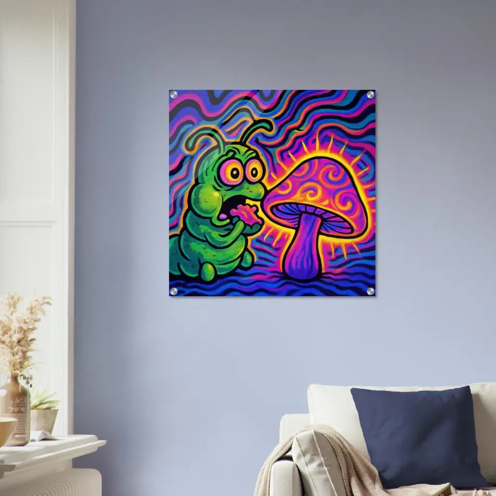 Psychedelic caterpillar and mushroom art on Acrylic Print Shroomapillar Snack Attack PixiOnyx