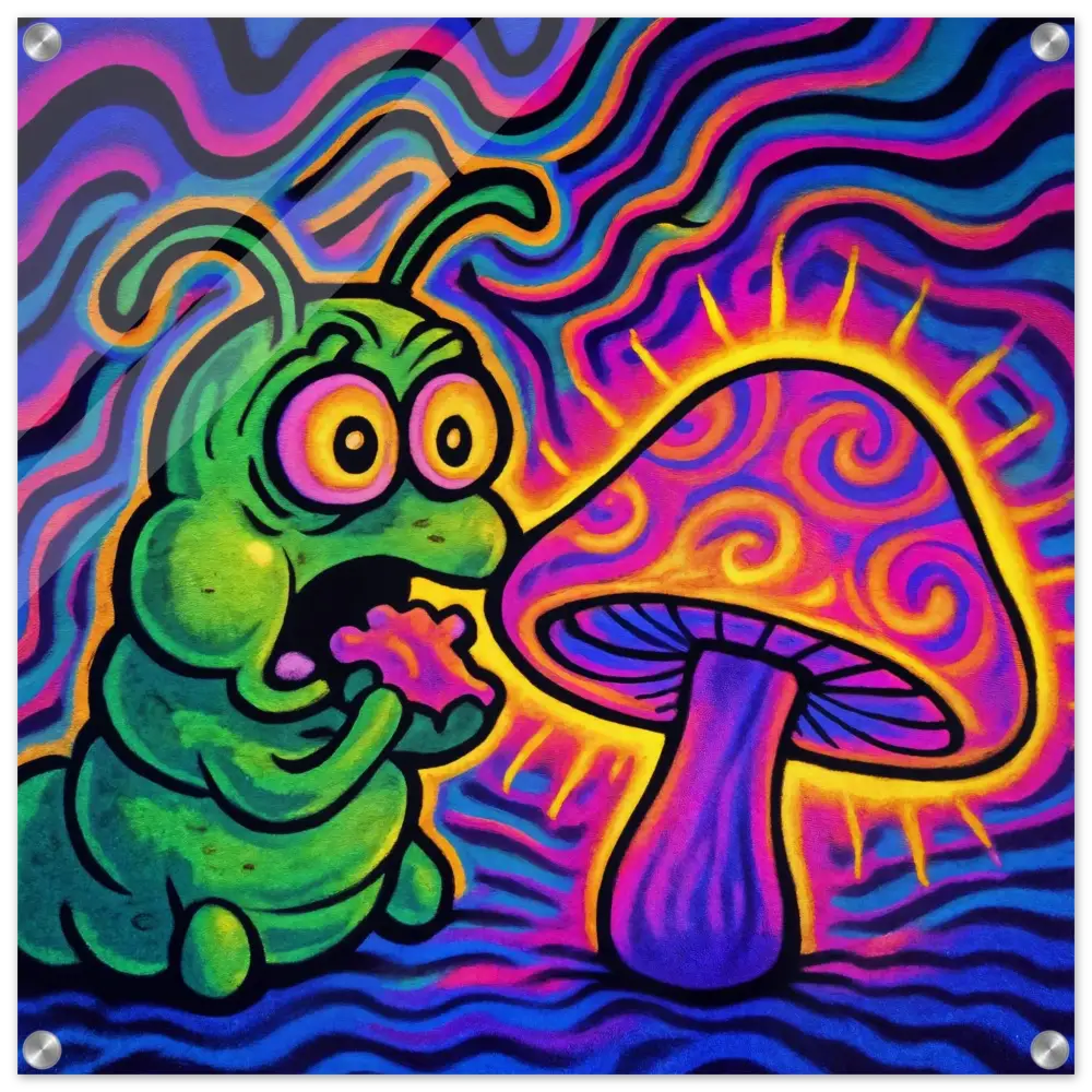 Psychedelic caterpillar and mushroom art on acrylic print in PixiOnyx Crystal Vision Panel