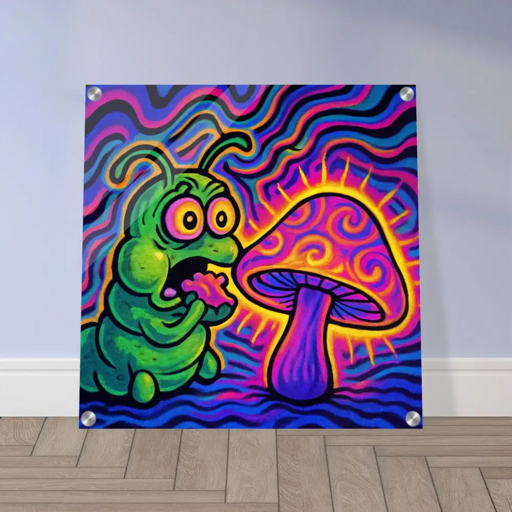 Psychedelic caterpillar and mushroom art on Acrylic Print Shroomapillar Snack Attack PixiOnyx