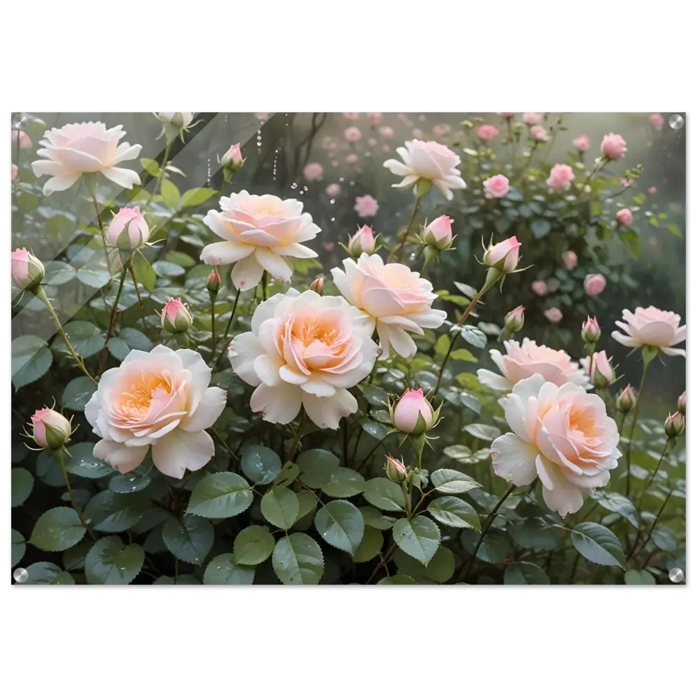 Pale pink roses with green foliage acrylic print titled Soft Petal Symphony by PixiOnyx