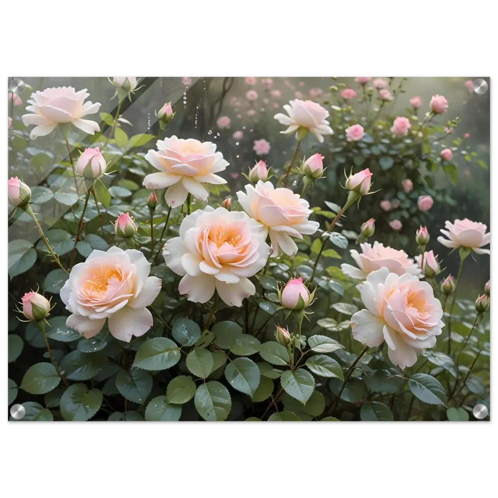 Delicate pink roses with lush green foliage on Acrylic Print Soft Petal Symphony PixiOnyx