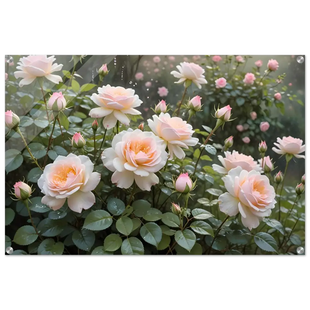 Pale pink roses with green foliage on Acrylic Print Soft Petal Symphony by PixiOnyx
