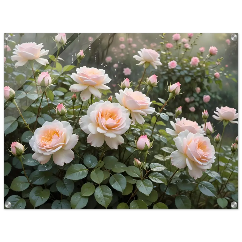 Delicate pink roses with lush green foliage on Acrylic Print Soft Petal Symphony by PixiOnyx