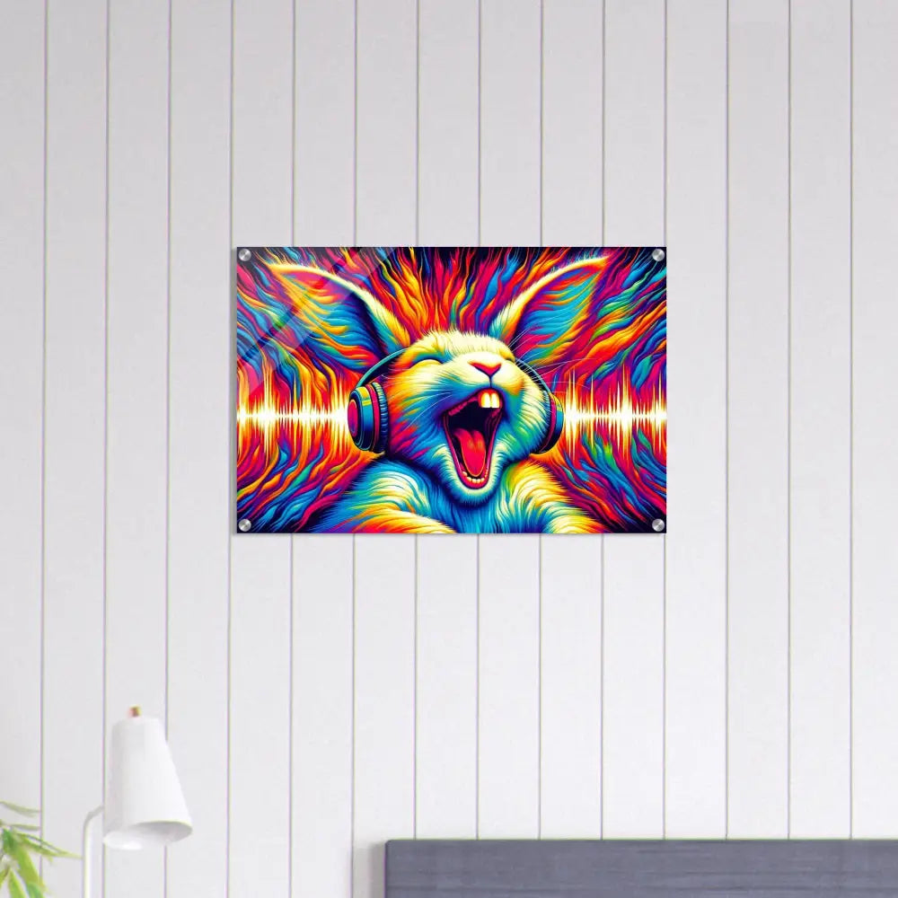 Colorful rabbit art with headphones on acrylic print for Sonic Scream series by PixiOnyx