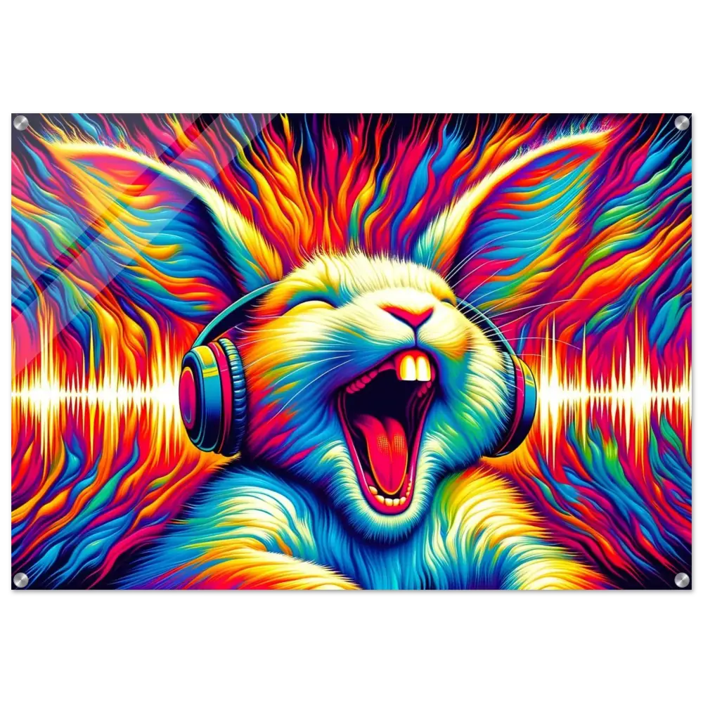 Psychedelic rabbit wearing headphones Acrylic Print Sonic Scream Psycho Cottontail Quilt