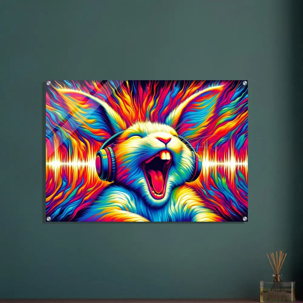 Colorful rabbit art with headphones acrylic print Sonic Scream Psycho Cottontail Quartet