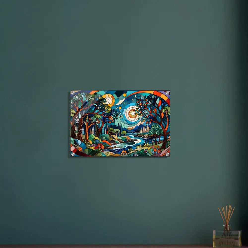 Colorful forest landscape artwork on acrylic print titled Stained Horizon by PixiOnyx