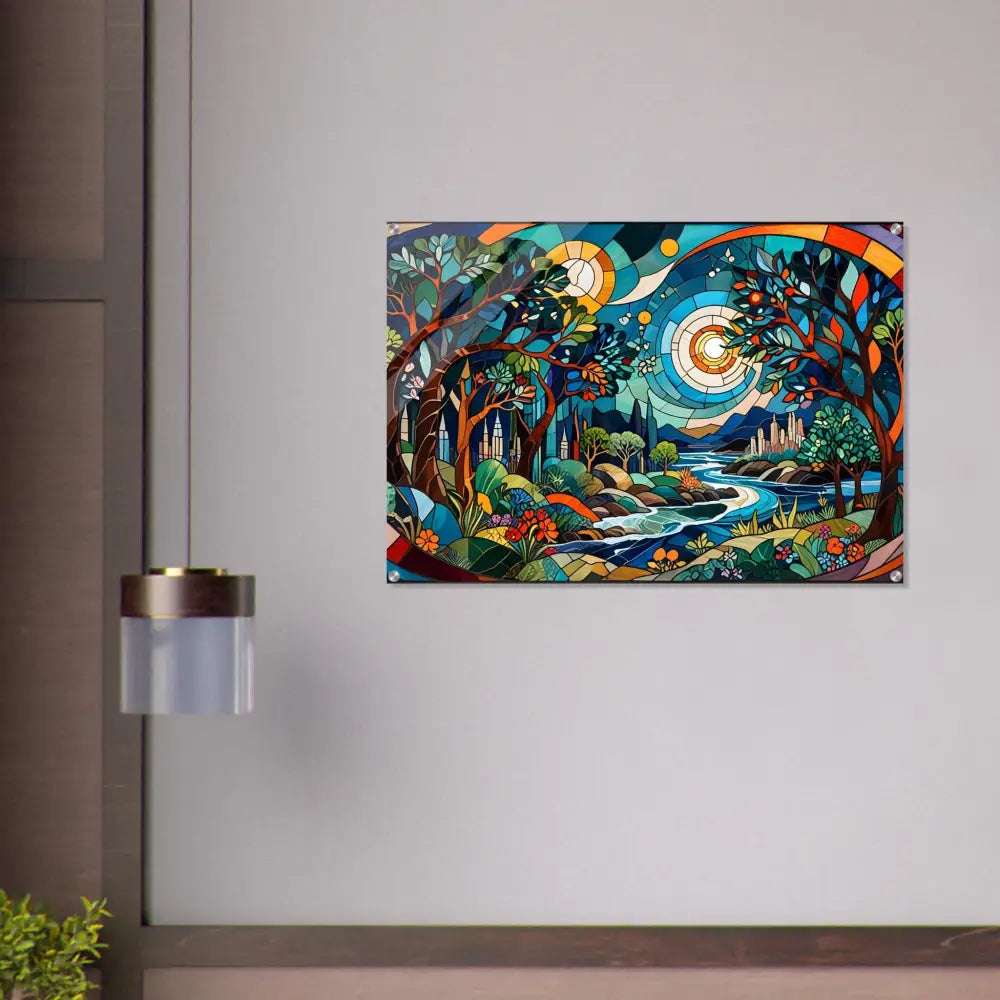 Colorful stained-glass-style landscape art on Acrylic Print Stained Horizon by PixiOnyx