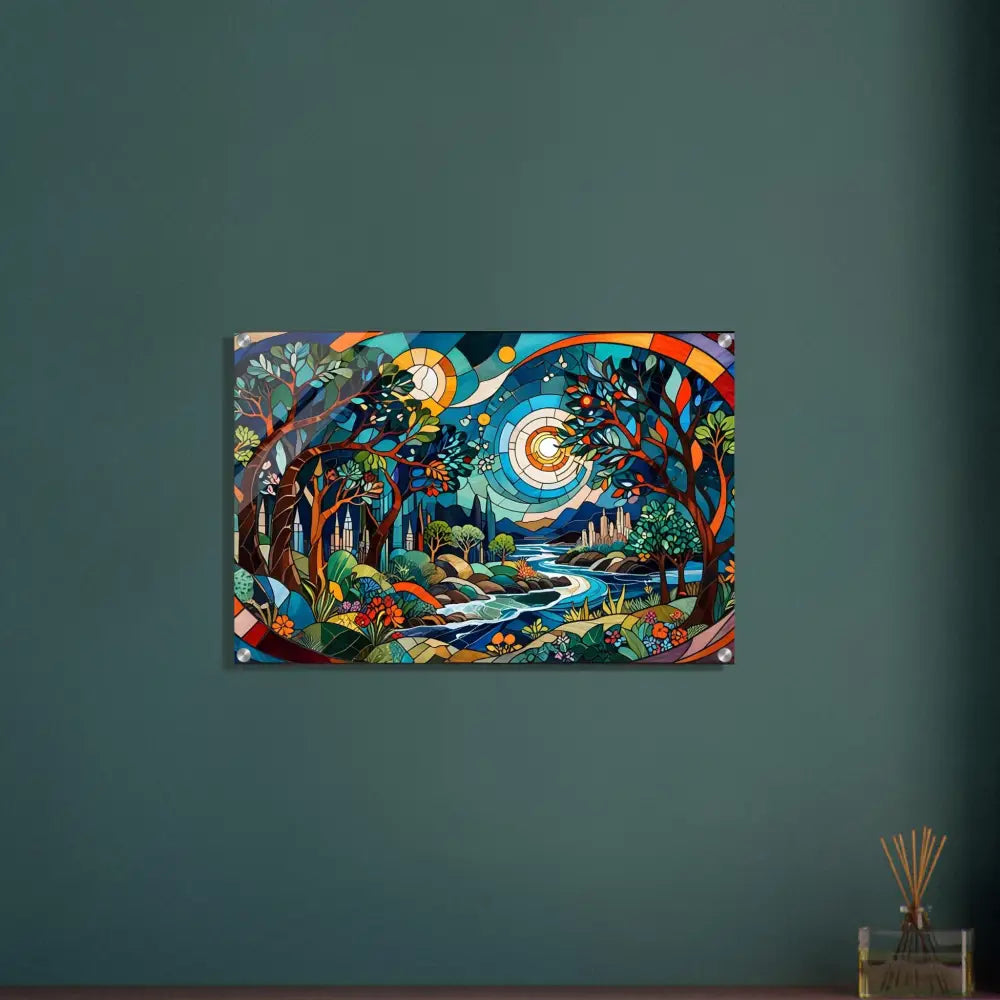 Colorful stained-glass-style landscape art on Acrylic Print Stained Horizon by PixiOnyx