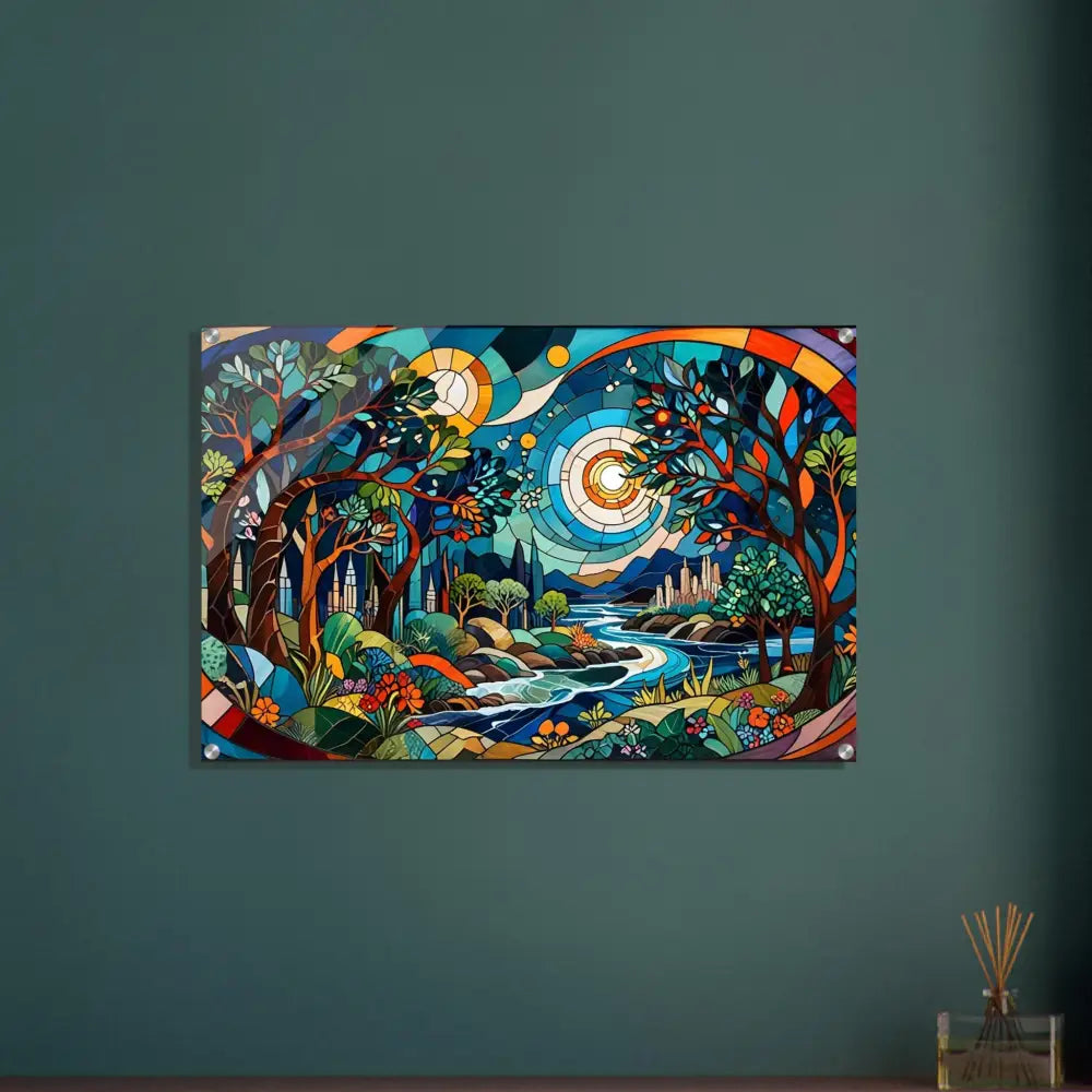 Stained glass landscape artwork displayed as Acrylic Print Stained Horizon by PixiOnyx