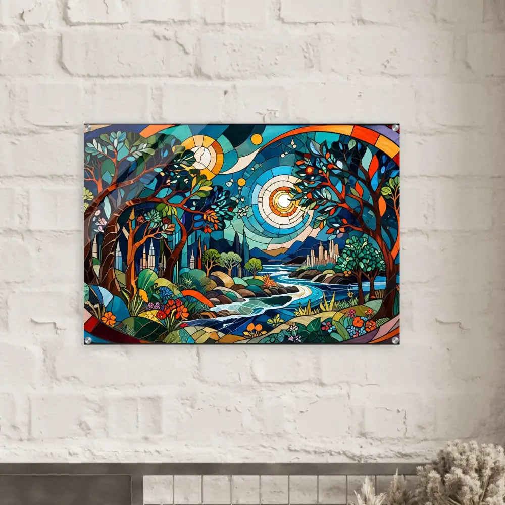 Colorful stained glass landscape art on Acrylic Print Stained Horizon PixiOnyx edition