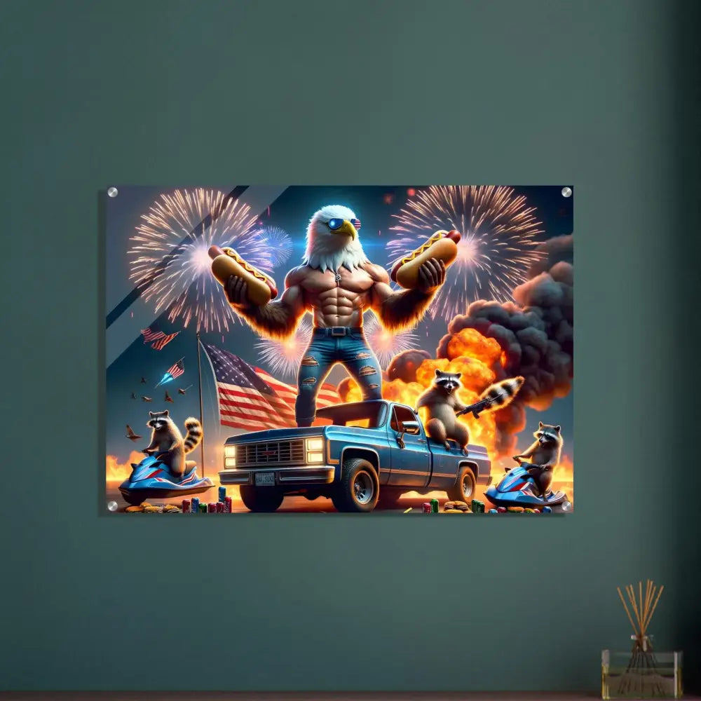Patriotic eagle-themed wall art acrylic print with stars, stripes, and flaming hot dogs