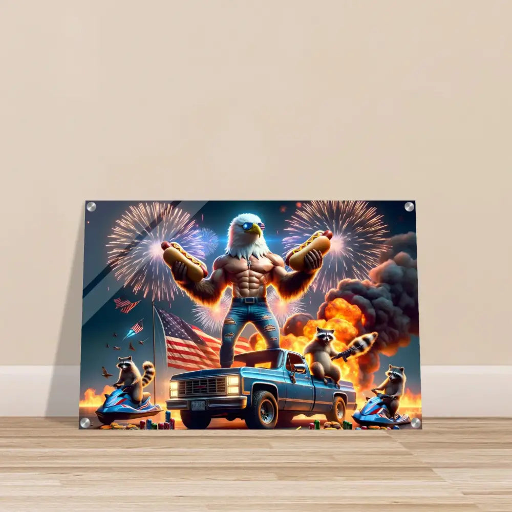 Patriotic eagle and raccoon celebration art on acrylic print with stars and stripes design