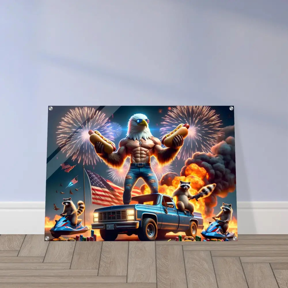Patriotic eagle-themed wall art acrylic print with stars stripes and flaming hot dogs
