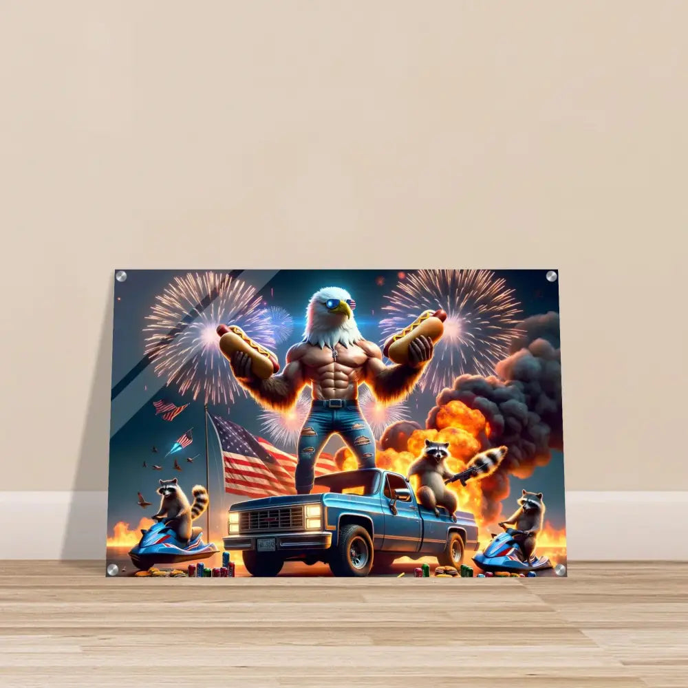Humorous patriotic wall art acrylic print with stars stripes and flaming hot dogs