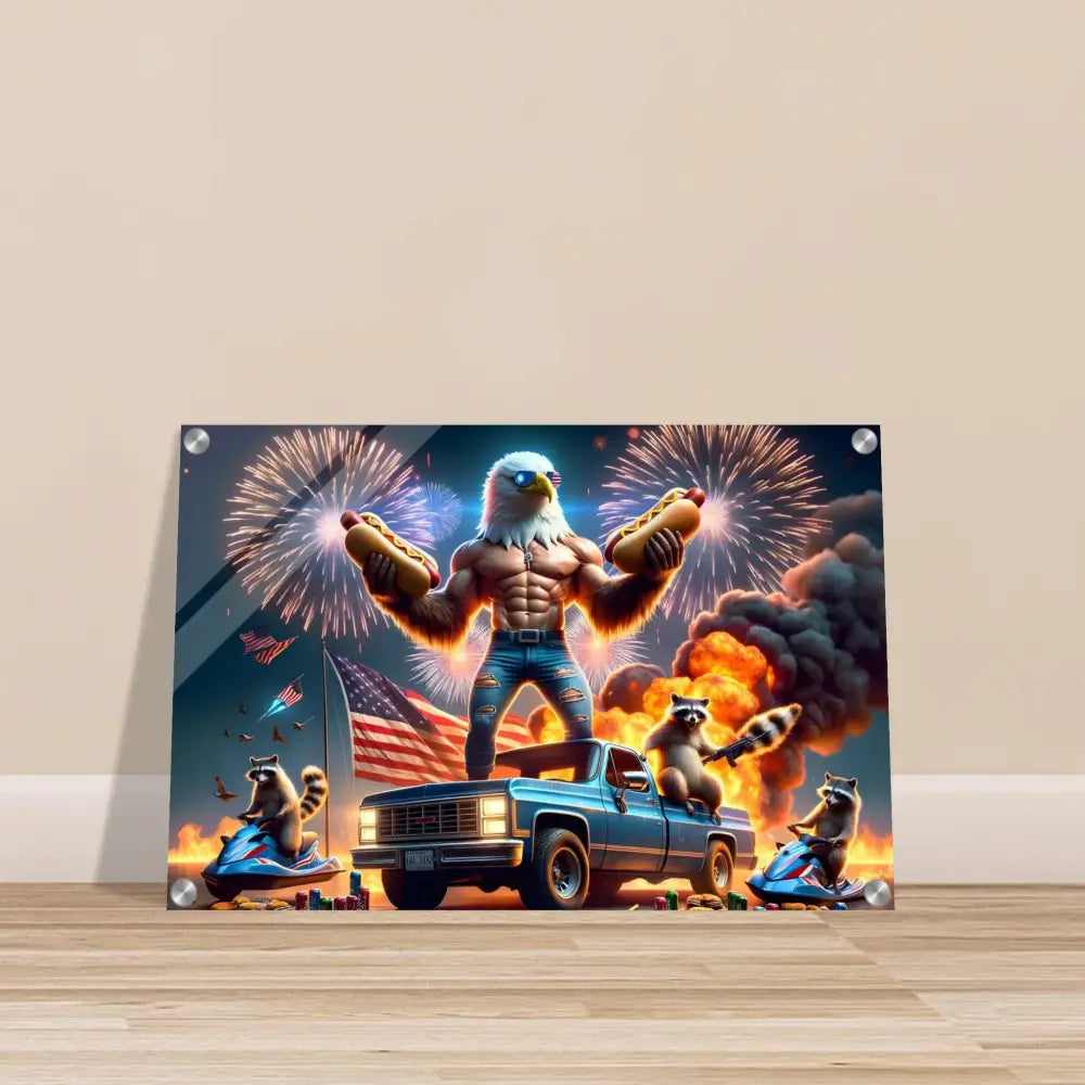 Patriotic eagle-themed artwork on Acrylic Print with Stars Stripes and Flaming Hot Dogs