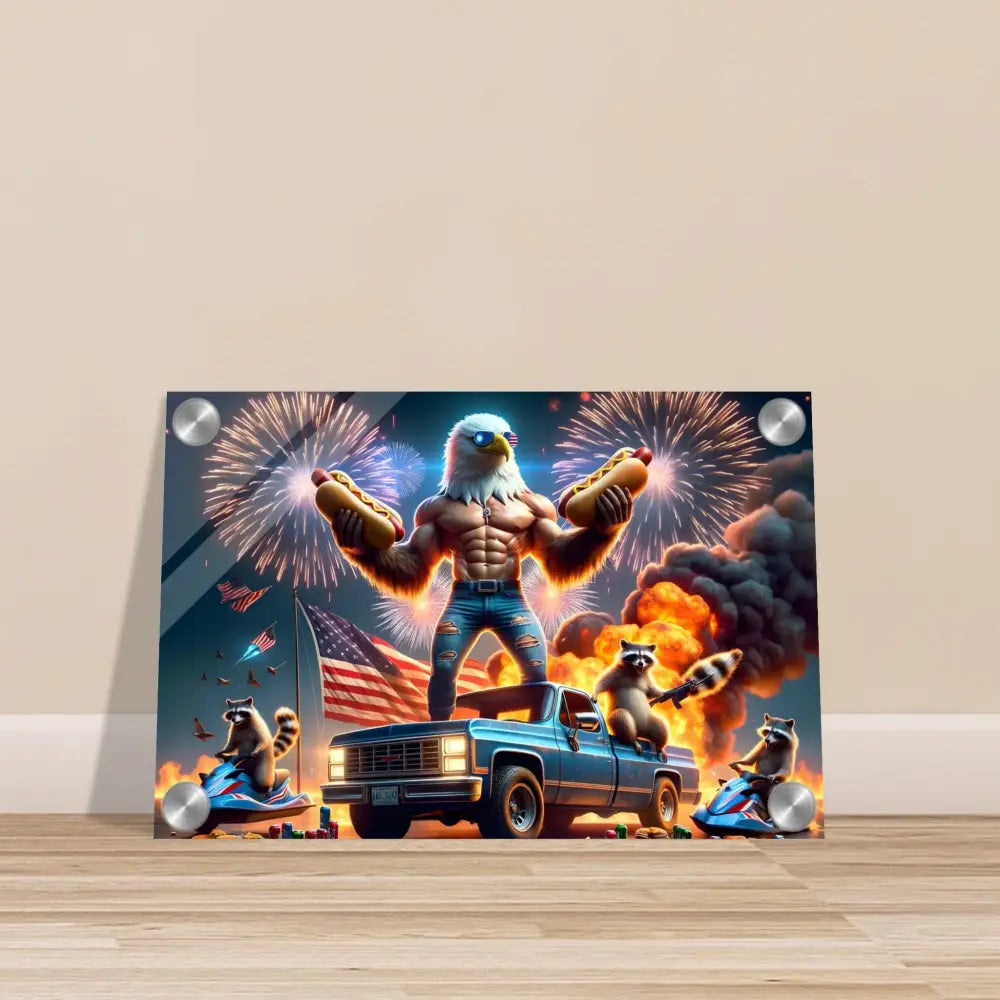 Patriotic eagle and raccoon artwork on Acrylic Print Stars Stripes Flaming Hot Dogs PixiOnyx