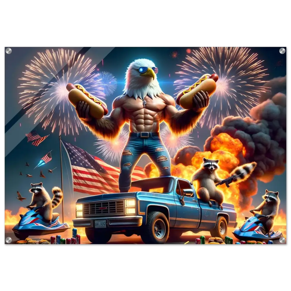 Patriotic eagle-man with hotdogs, truck, and raccoons on Acrylic Print Stars Stripes Flaming Hot Dogs