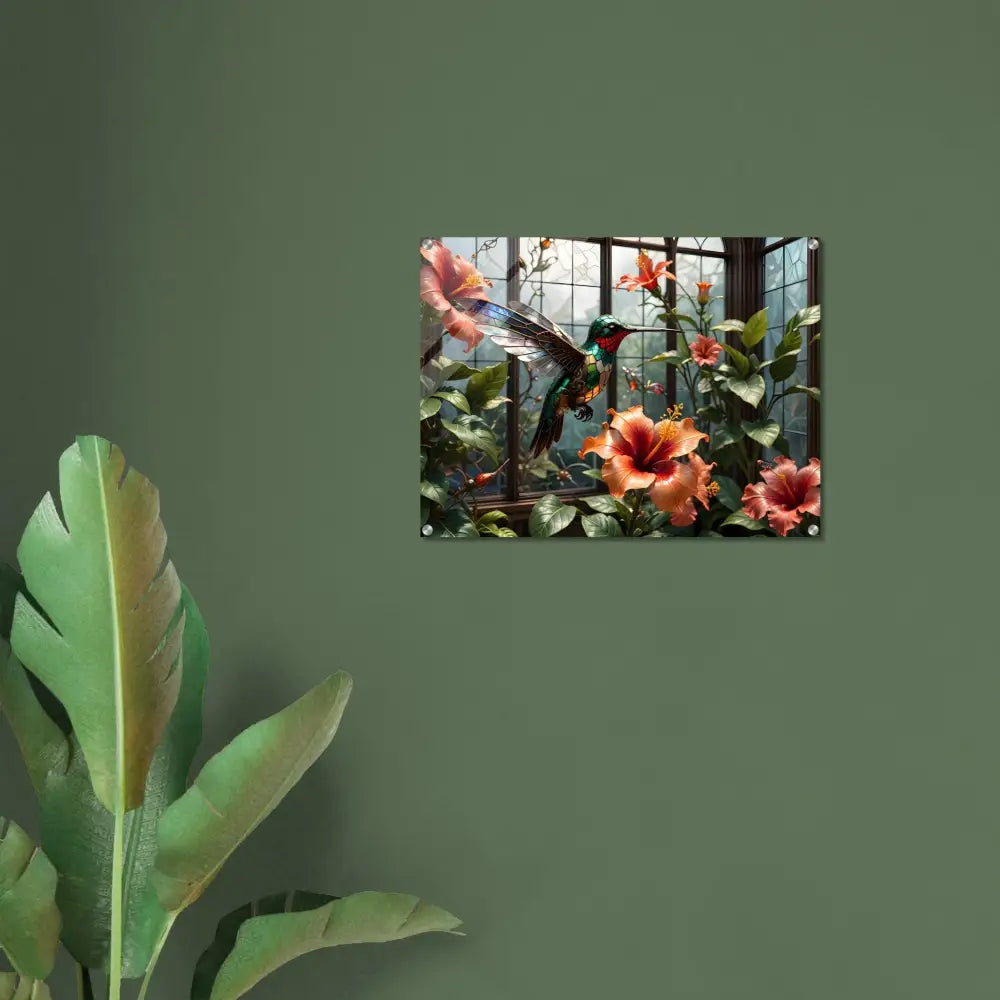 Hummingbird and hibiscus flower art on Acrylic Print Steampunk Hummingbird Nature Glimmer