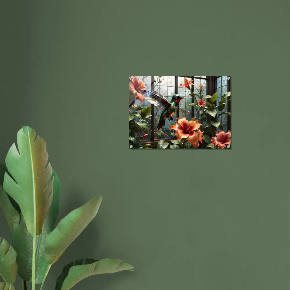 Acrylic print featuring Hummingbird and Hibiscus artwork from PixiOnyx Botanical Glitchpiece