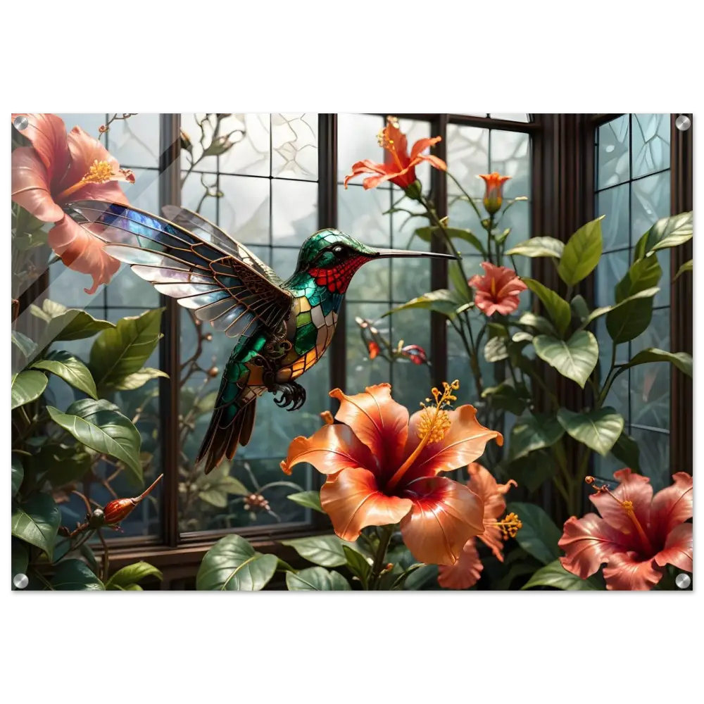 Stained glass hummingbird among Hibiscus flowers on Acrylic Print Steampunk Hummingbird Nature Glimmer