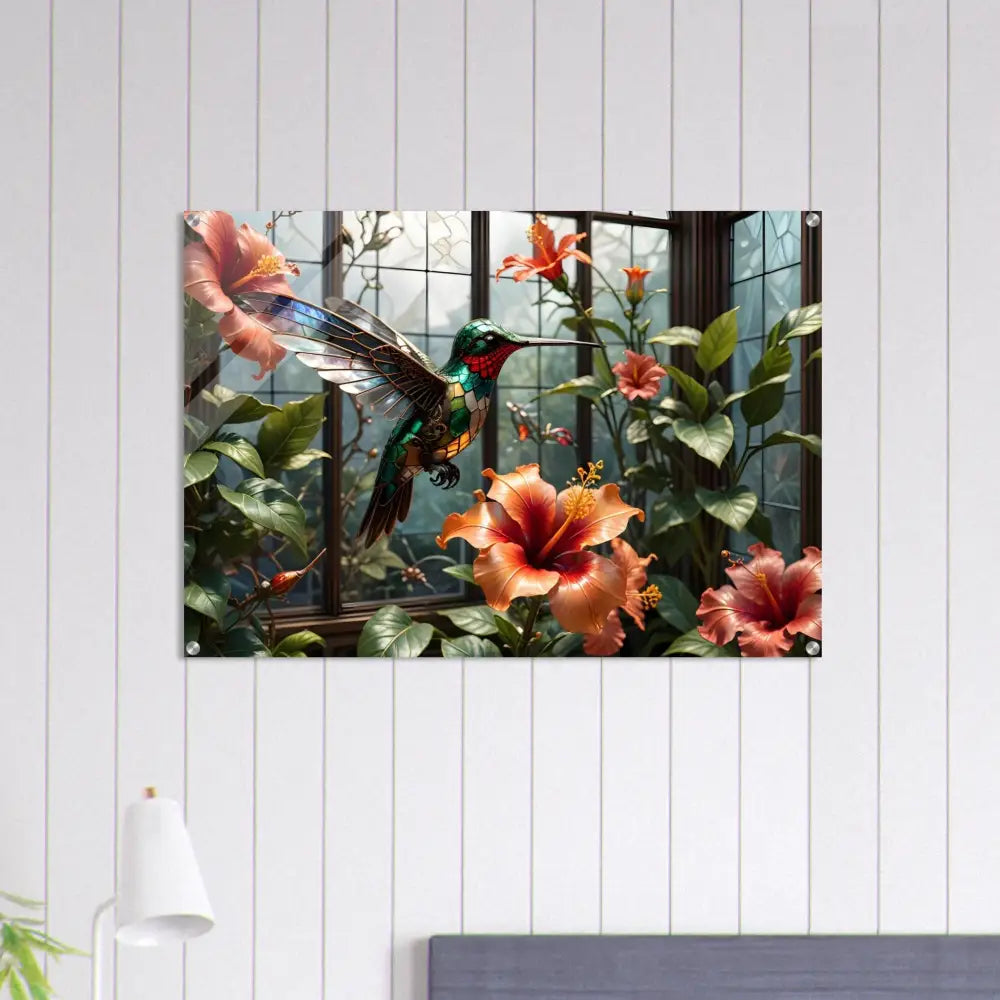 Acrylic wall art featuring a hummingbird and hibiscus blossoms in Steampunk style