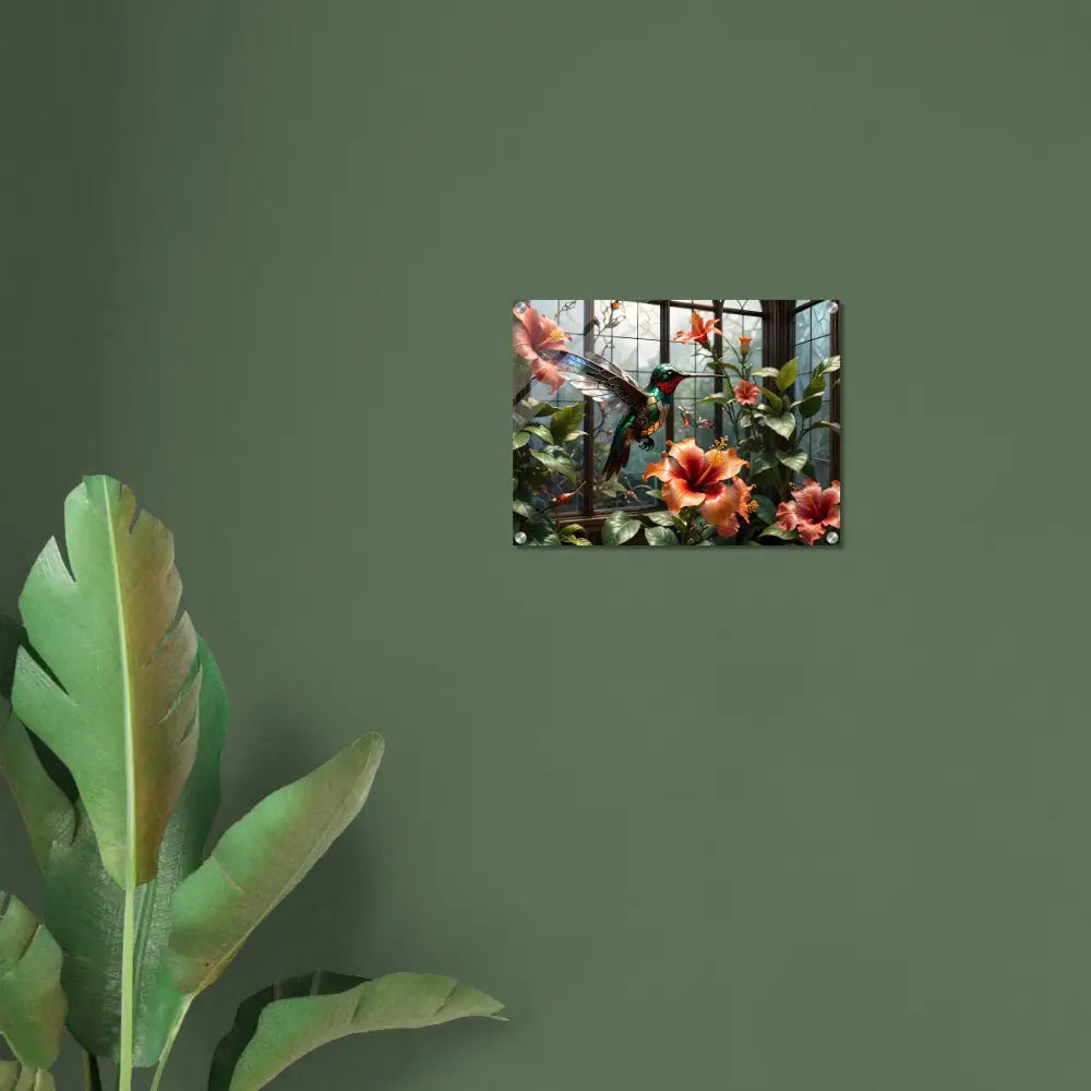 Hummingbird and hibiscus wall art acrylic print from PixiOnyx Steampunk Nature Glimmer collection