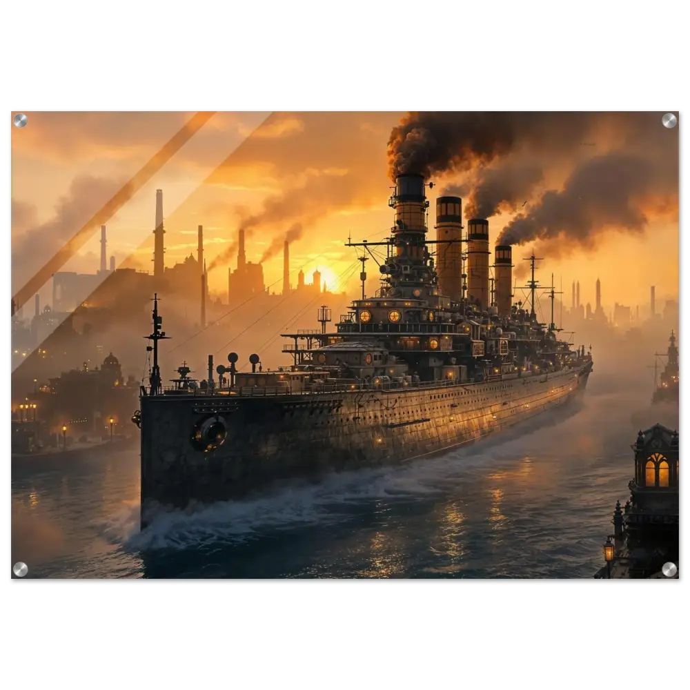 Steampunk battleship Steel Leviathan with smokestacks emitting dark smoke under PixiOnyx Crystalcore Illumination