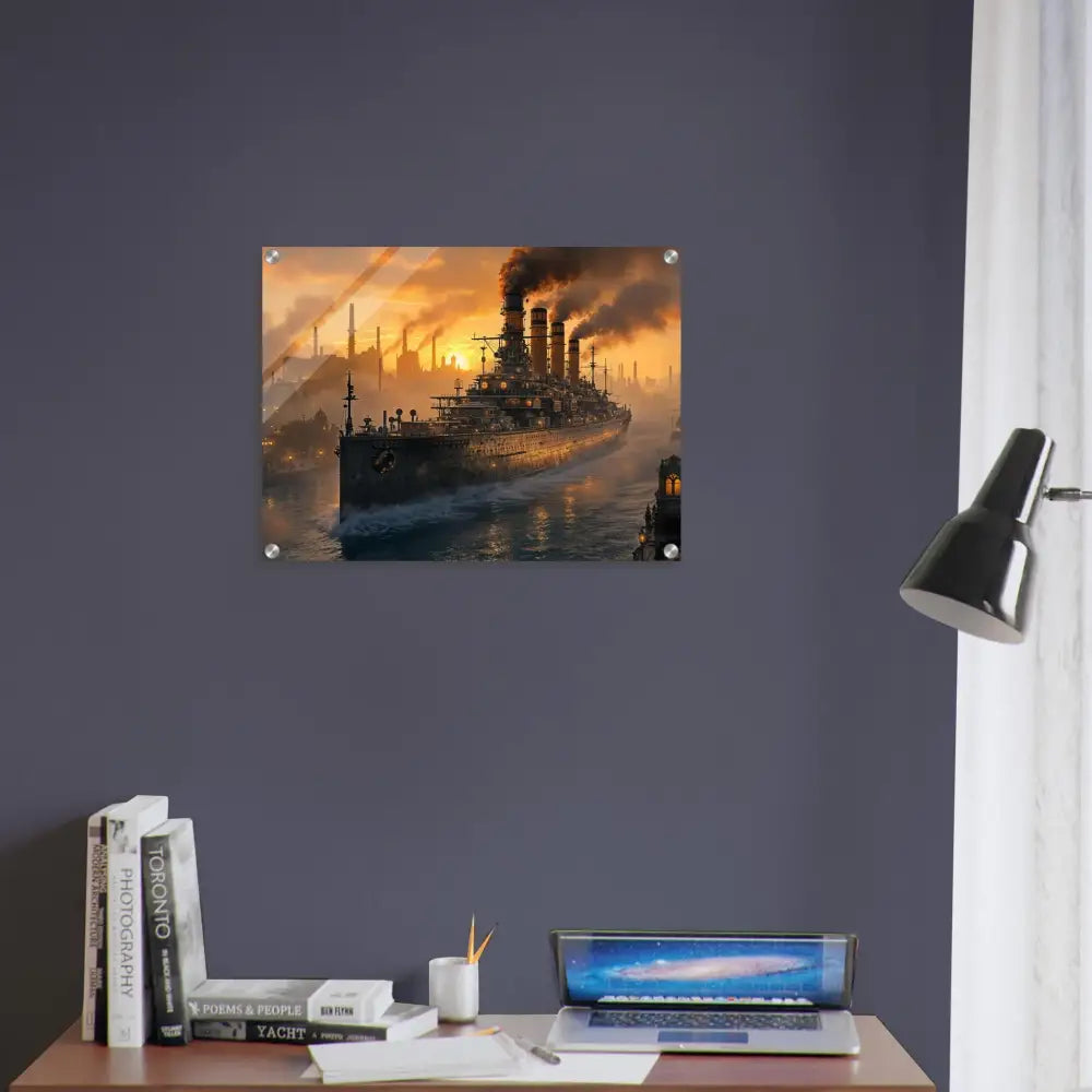 Acrylic print of Steel Leviathan battleship at sunset with PixiOnyx Crystalcore Illumination
