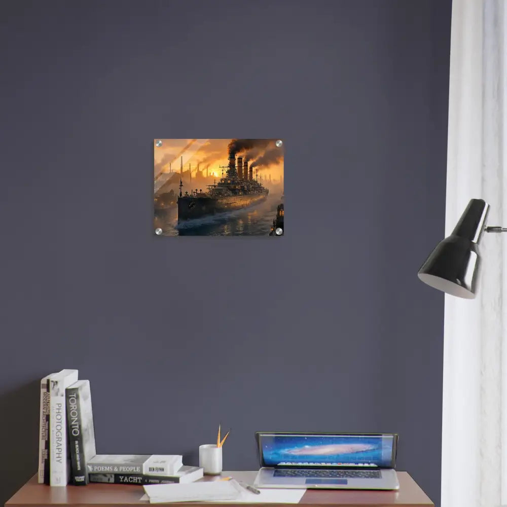 Glossy acrylic print of Steel Leviathan battleship at sunset with PixiOnyx Crystalcore Illumination