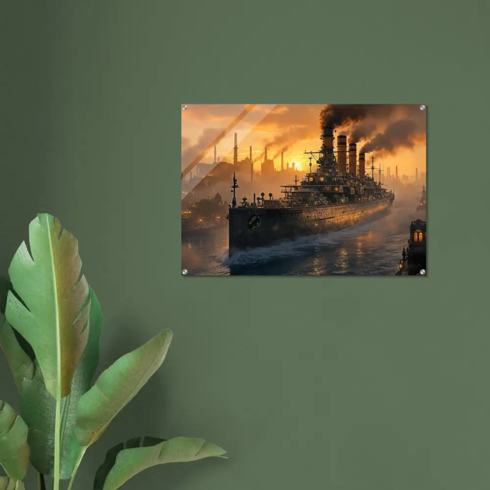 Acrylic print of Steel Leviathan battleship at sunset with PixiOnyx Crystalcore Illumination