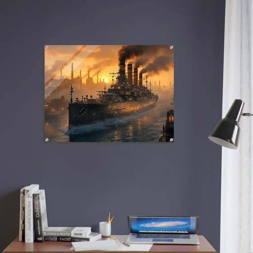 Battleship artwork of Steel Leviathan on clear acrylic frame with PixiOnyx Crystalcore Illumination