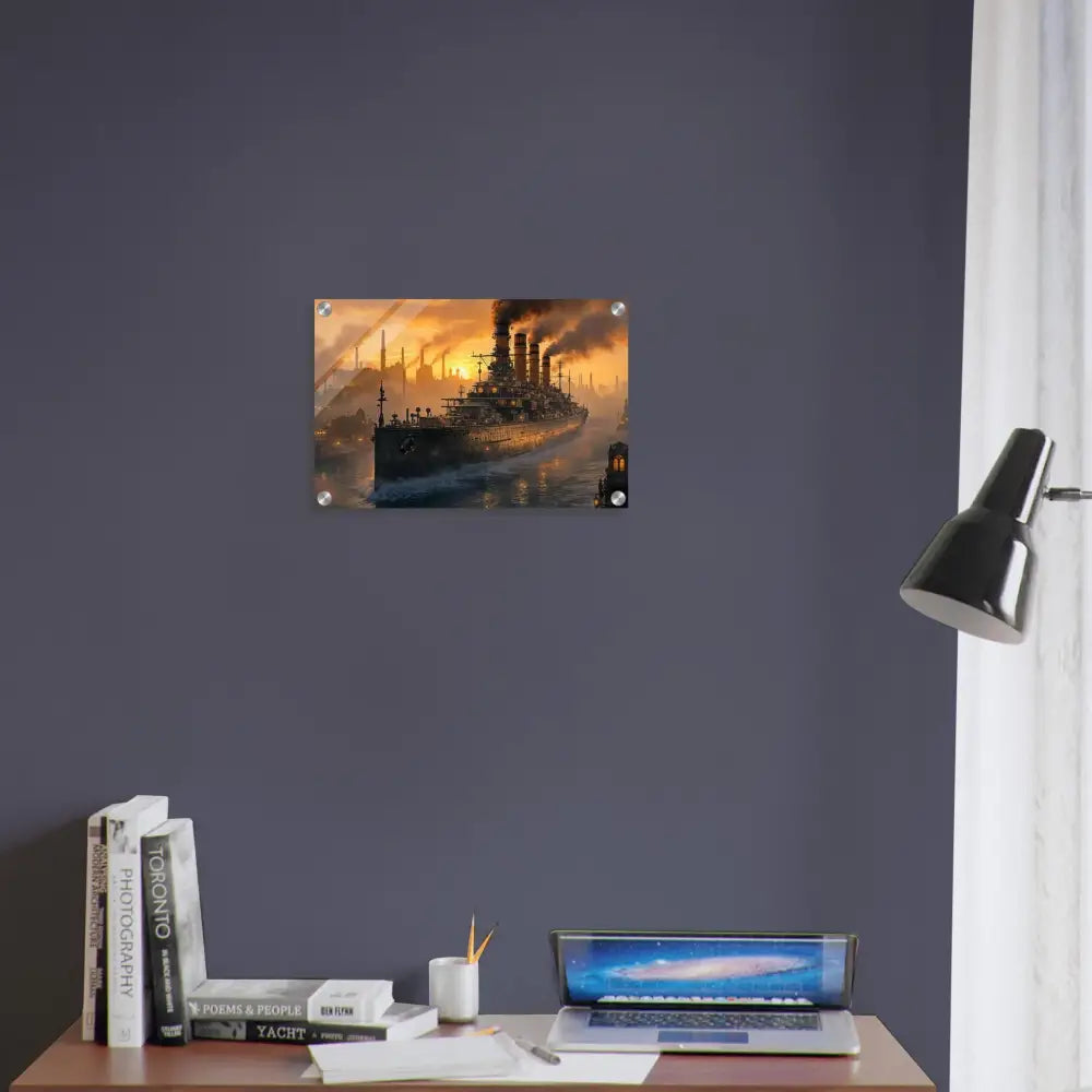 Acrylic Print of Steel Leviathan battleship at sunset showcasing PixiOnyx Crystalcore Illumination