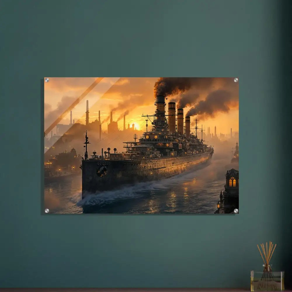 Steampunk steel leviathan battleship artwork on clear acrylic panel with PixiOnyx Crystalcore Illumination