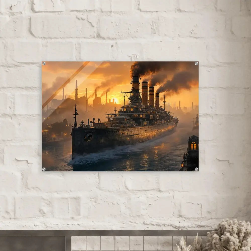 Acrylic print of Steel Leviathan battleship with gloss meets gravitas in PixiOnyx Crystalcore Illumination at sunset